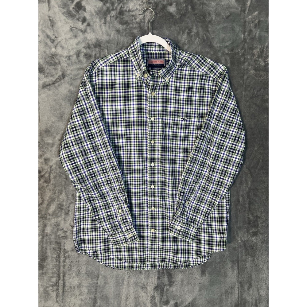 Vineyard Vines Tucker Shirt Mens Medium Blue Green Plaid Button Down Cotton Logo